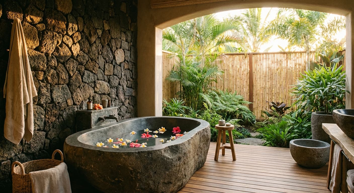 Indoor-outdoor bathroom with stone tub